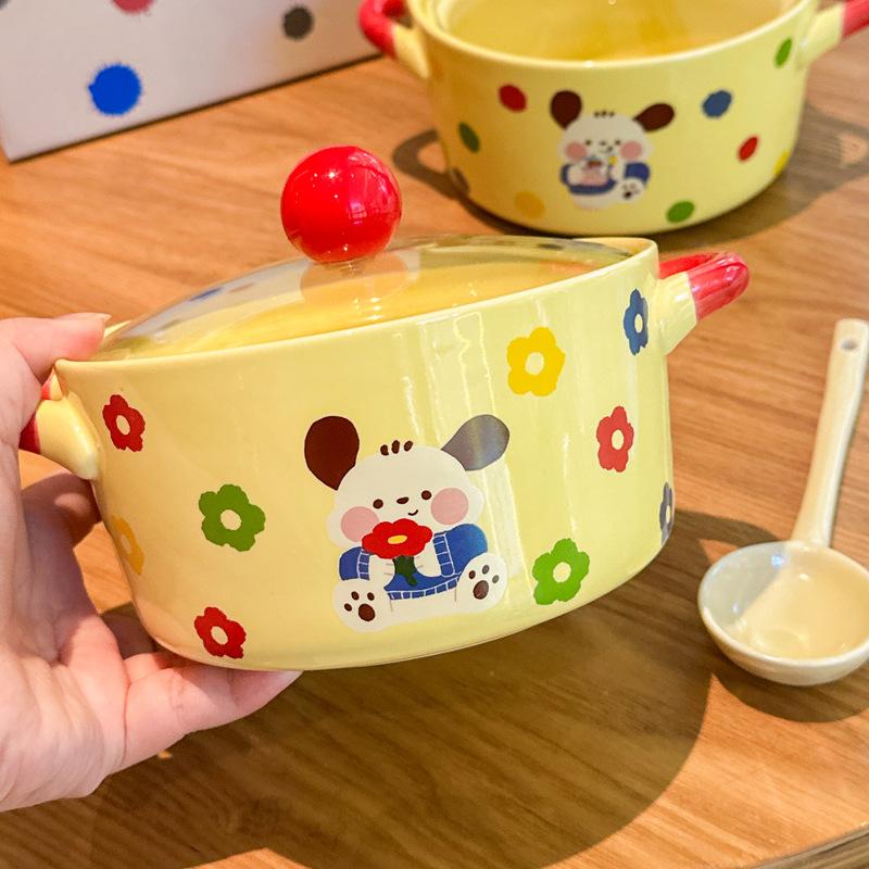 Cream Wind Tableware Cute Ceramic Instant Noodle Bowl with Lid Binaural Soup Bowl Instant Noodle Bowl for Student Dormitory