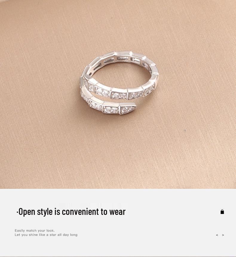 S925 Sterling Silver Snake Head Adjustable Open Ring for Women - Korean/Japanese Style Light Luxury with Full Diamond Shine