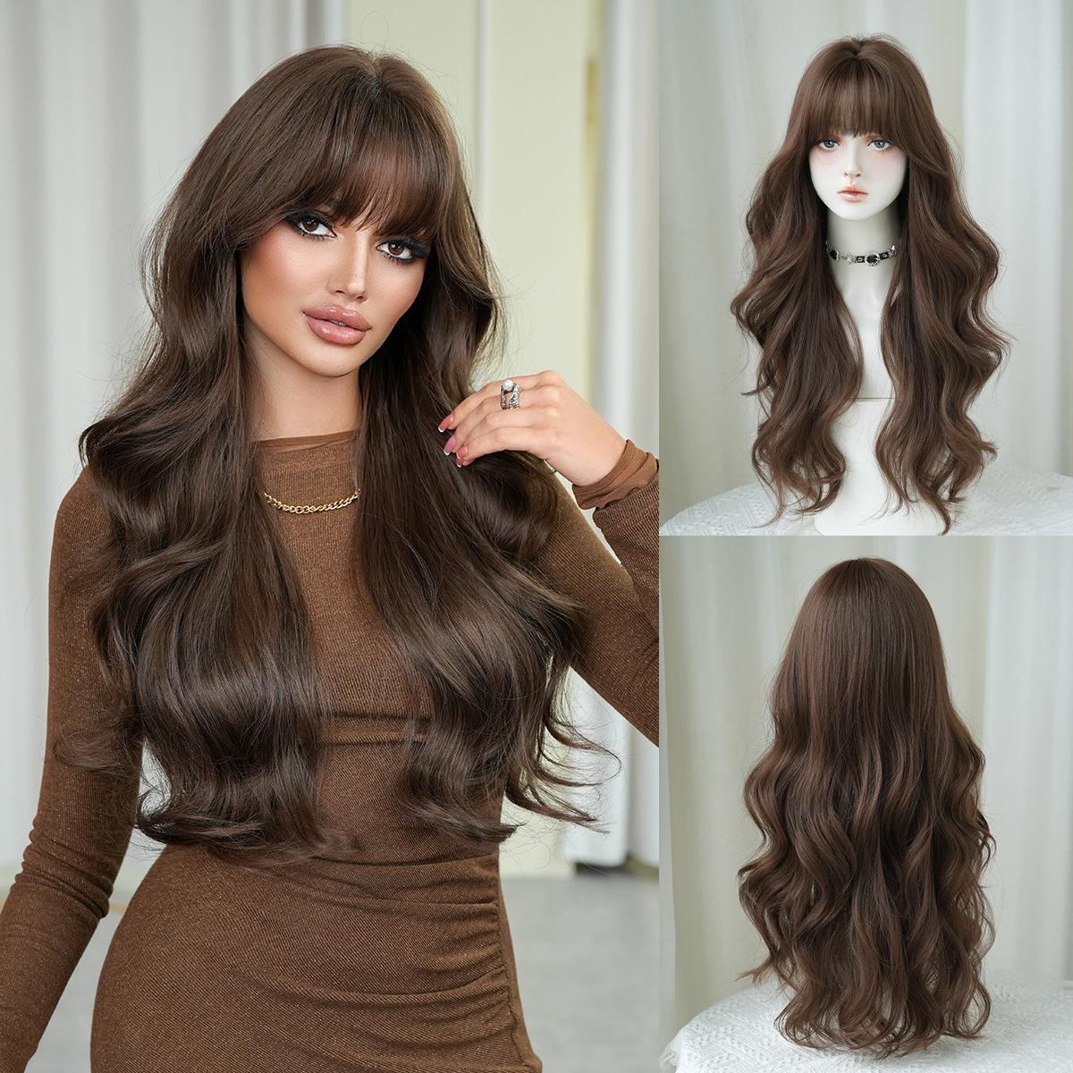 

Темно-коричневый длинный парик с крупными волнами для женщин - Полная челка, объемная полная шапочка, готов к термоукладке и стрижке, натуральный реалистичный на каждый день 72cm темно-коричневого