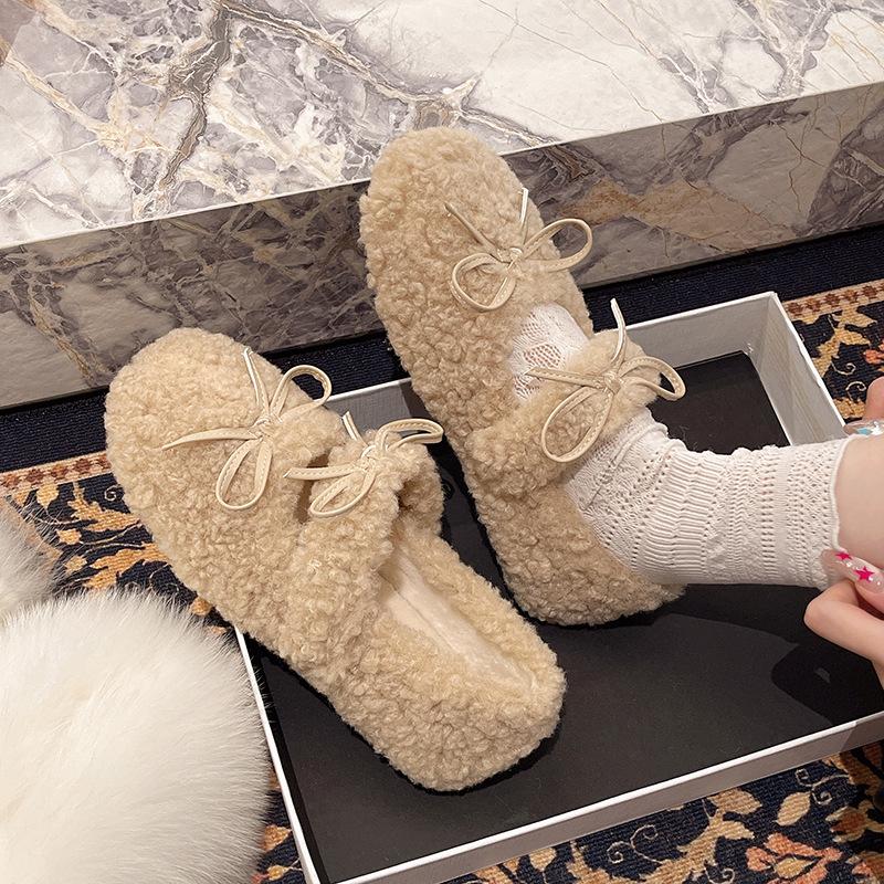Sweet Fluffy Shoes Women's 2025 Autumn and Winter New Outer Wear Velvet Warm Bow Flat Bottom Word with Doudou Cotton Shoes