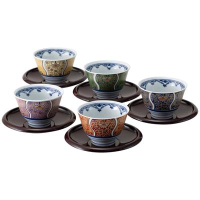 Saikai Pottery Hasami Ware "Kenjo Ko-Imari" Šálek na čaj Sencha 5dílná sada s podšálky, šálky na čaj, hrníčky, objem cca. 175 ml, Vyrobeno v Japonsku