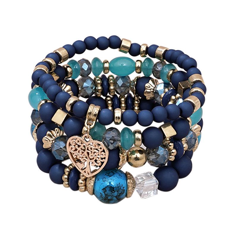 Bohemian Ethnic 4-Piece Bracelet Set: Multi-Layer Stackable with Peach Heart Tree Pendant & Acrylic Beads.