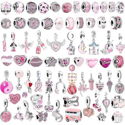 925 Silver-Plated Charms Jewelry Gift Sparkling Pink Air Balloon&Cherry Blossom Dangle Bead Fit Original Silver Bracelet