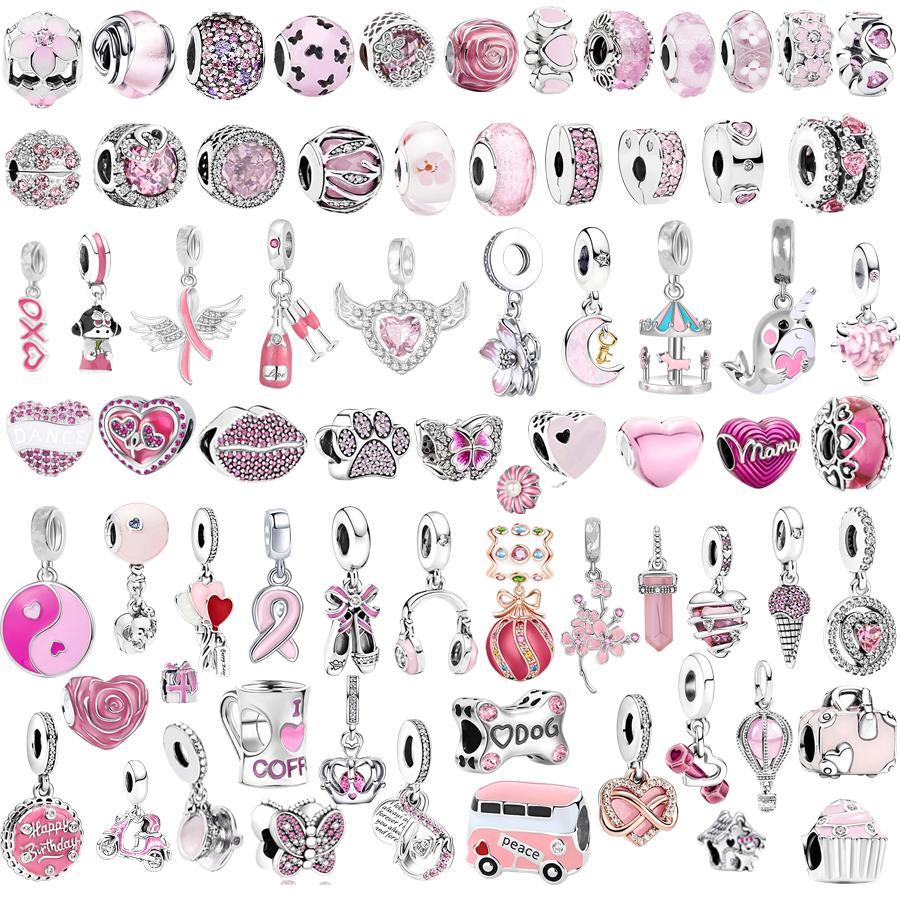 925 Silver-Plated Charms Jewelry Gift Sparkling Pink Air Balloon&Cherry Blossom Dangle Bead Fit Original Silver Bracelet