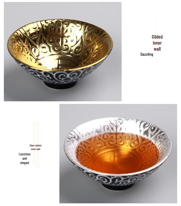 Handmade 999 Sterling Silver Gilded Jianzhan Tea Cup with Inlaid Blue and White Mushroom Cap Design for Kung Fu Tea Set.