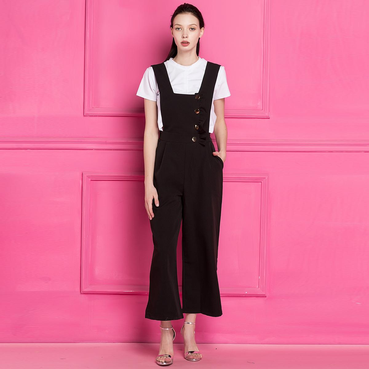 

Летние комбинезоны на тонких бретельках, женские повседневные однобортные комбинезоны без рукавов с высокой талией, полная длина, SL S чёрный