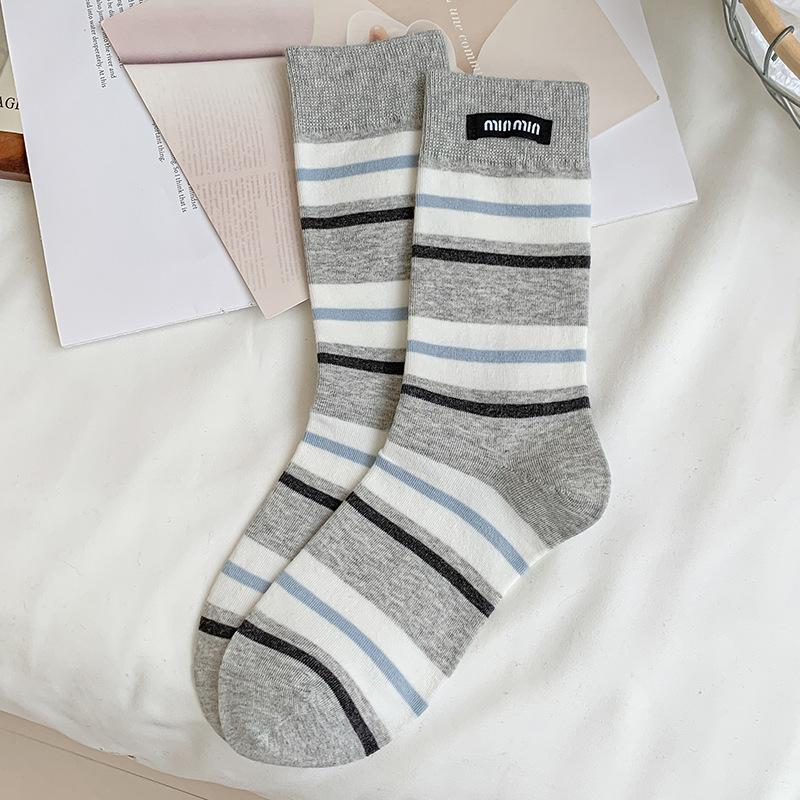 Socks Pure Cotton Striped Stacking Socks Season Tide Cloth Label Letters Cotton Medium Tube Socks Women One size fits all светло-серый