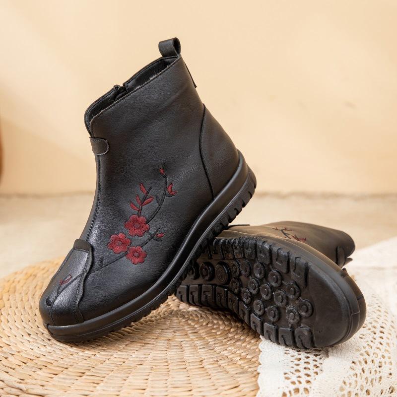 Genuine Leather Winter Shoes Women Snow Boots Flowers Warm Plush Flat Non-slip Mother Shoes Plus Size 42 Soft Black Ankle Boots
