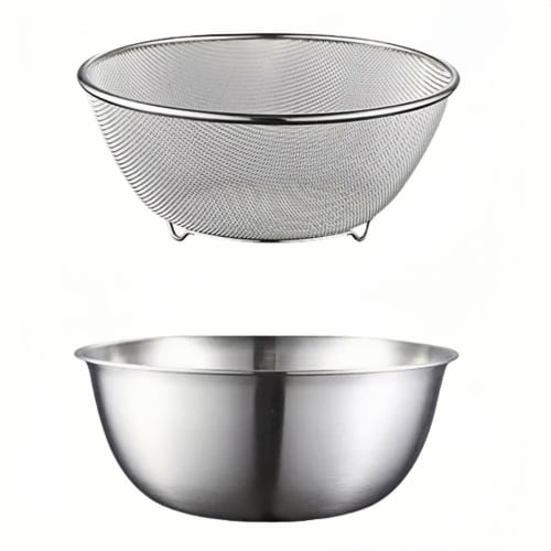 MochiGo Colander and Drainer Set, 304 Stainless Steel | Convenient for Rinsing Rice, Washing Vegetables, and Whisking | Includes Micromesh (18cm Stain