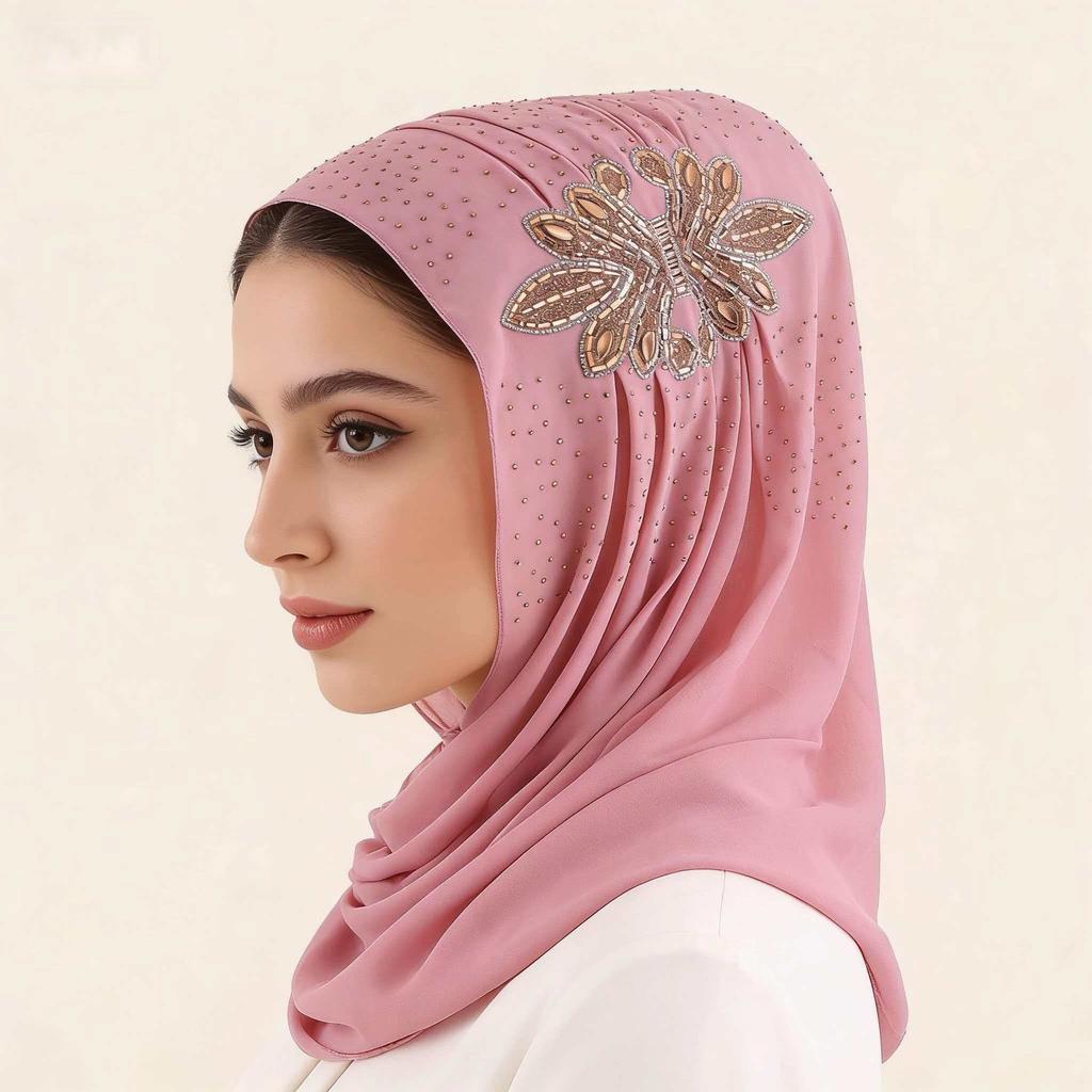 Luxury Rhinestone Chiffon Hijab Scarf Women Muslim Crystal Diamond Headscarf White Wedding Shawl Embroidered Beaded Turban Wrap