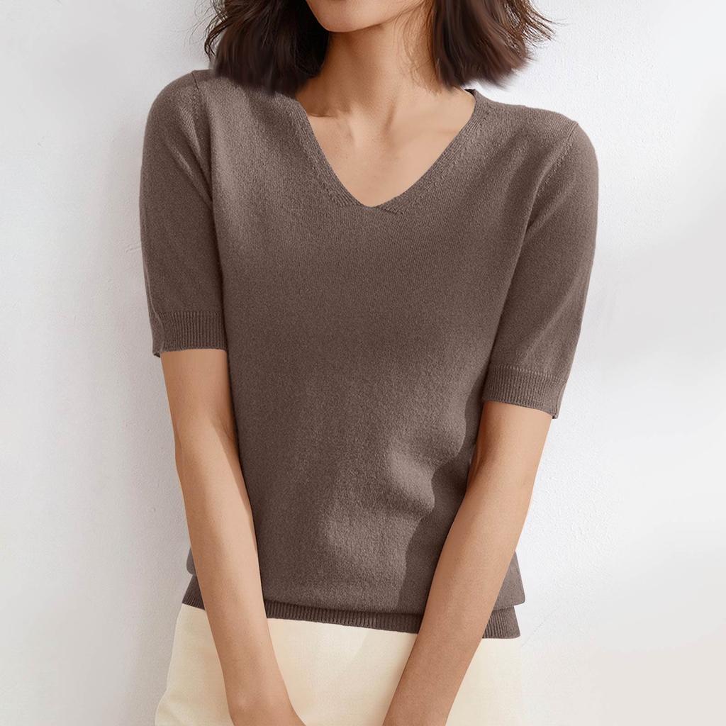 Women's Sweater T-Shirt Short Sleeve Knitted Tops Pullover V-Neck Sweater Lightweight Casual Color Sweater Elegant Spring Summer Tops