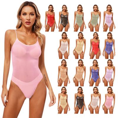 Dames Stretch Glanzende Bodysuit: Verstelbare Band Hoge Uitsnijding Doorzichtig Bodycon Eendelig Badpak Lingerie Panty's