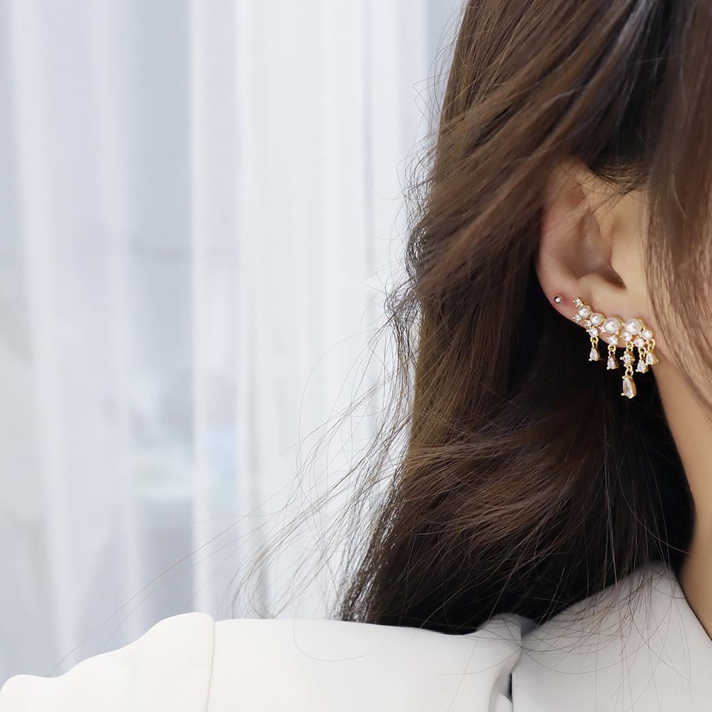 Corea Vendita Gioielli di Moda 14K Oro Vero Zircone Orecchini pendenti Eleganti Perla da Donna per Festa di Ballo