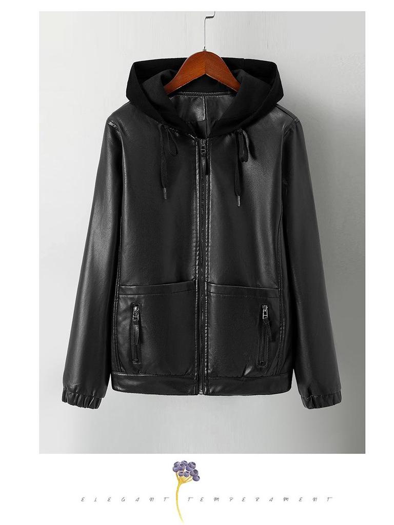 Spring/Autumn 2025 Women's Hooded PU Leather Short Coat - Stylish Zipper Jacket for Young Moms.