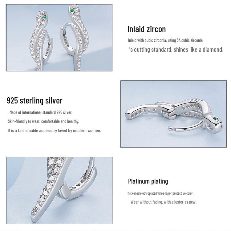 Sterling Silver S925 Snake Earrings with Platinum-Plated Zircon (Model: BSE669)