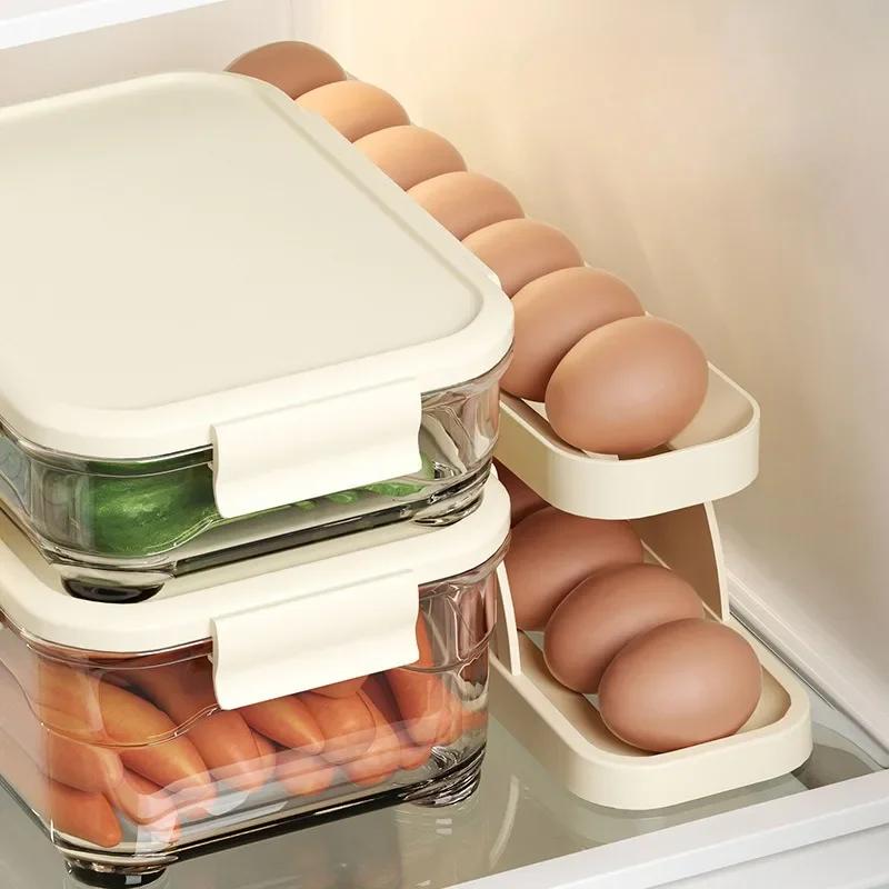 Slide Style Egg Box Side Door of Refrigerator Double Layer Automatic Egg Rolling Kitchen Storage Anti Drop Helps Keep Fresh
