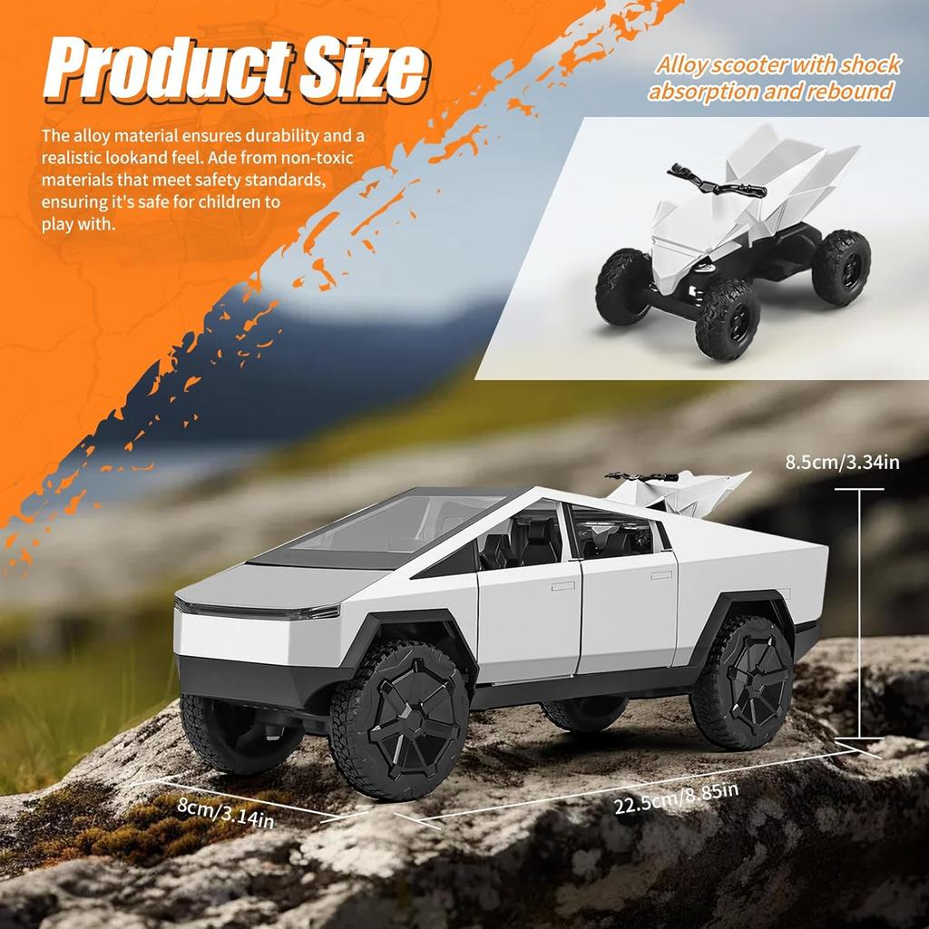 Cybertruck Toy Car,1:24 Zinc Alloy Pull Back Toy Car with Sound and Light,Cyberquad Display Model,Gifts for Boys and Girls (Silver)