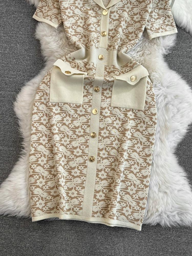 Summer Women Brand Designer Vintage Jacquard Flower Knitted Sweater Sheath Dresses With Pocket