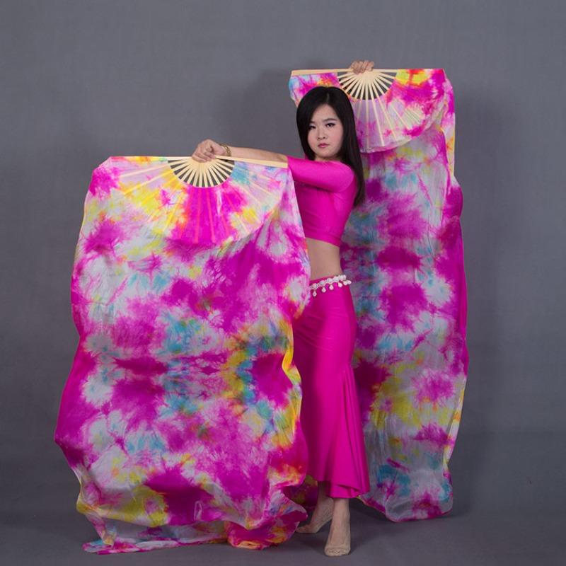 1pair/2pcs Real Silk Belly Dance Veil Fans Bamboo Handmade Tie-dye 150cm/180cm Performance Long Fan BellyDance Fan Veil