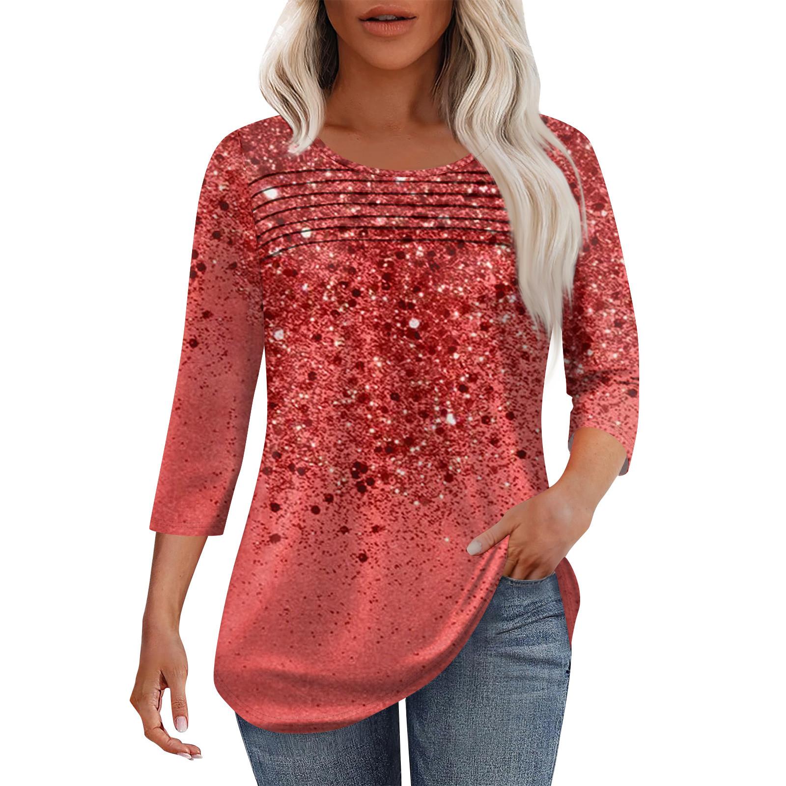 

Женская мода круглый вырез горловины плиссированная передняя планка топ рукав 3/4 XL красный