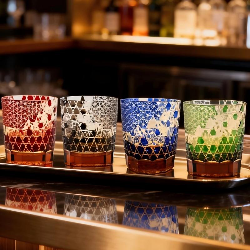 240ml Handmade Japanese Edo Kiriko Style Amber Whiskey Glass Tumbler for Home Bar Decor Rocks Bucket Cocktail Serving