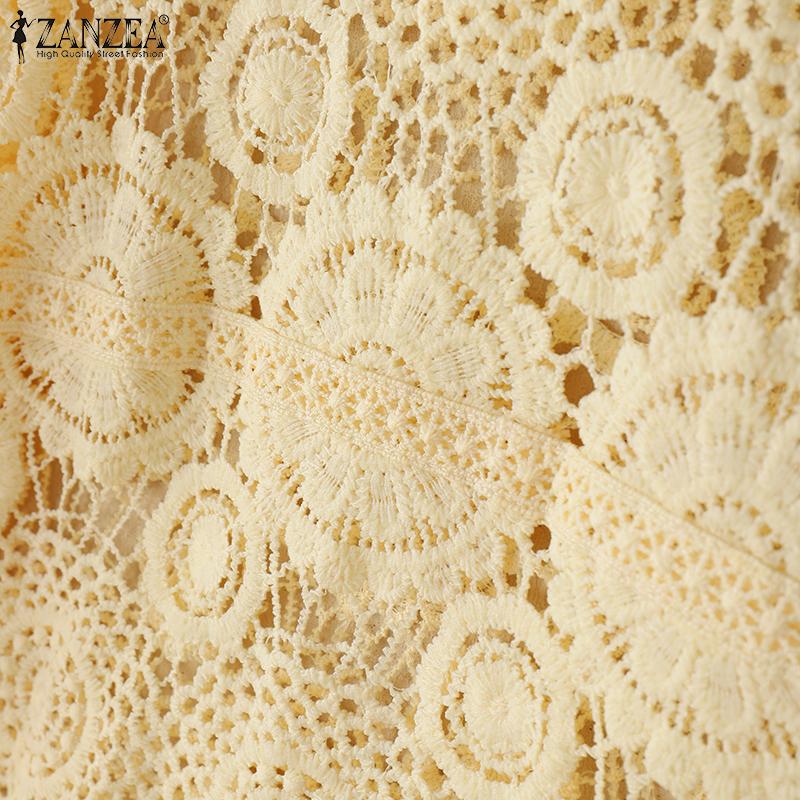 ZANZEA Womens Summer Long Sleeve Hollow Out Lace Crochet Cover Up Blouse