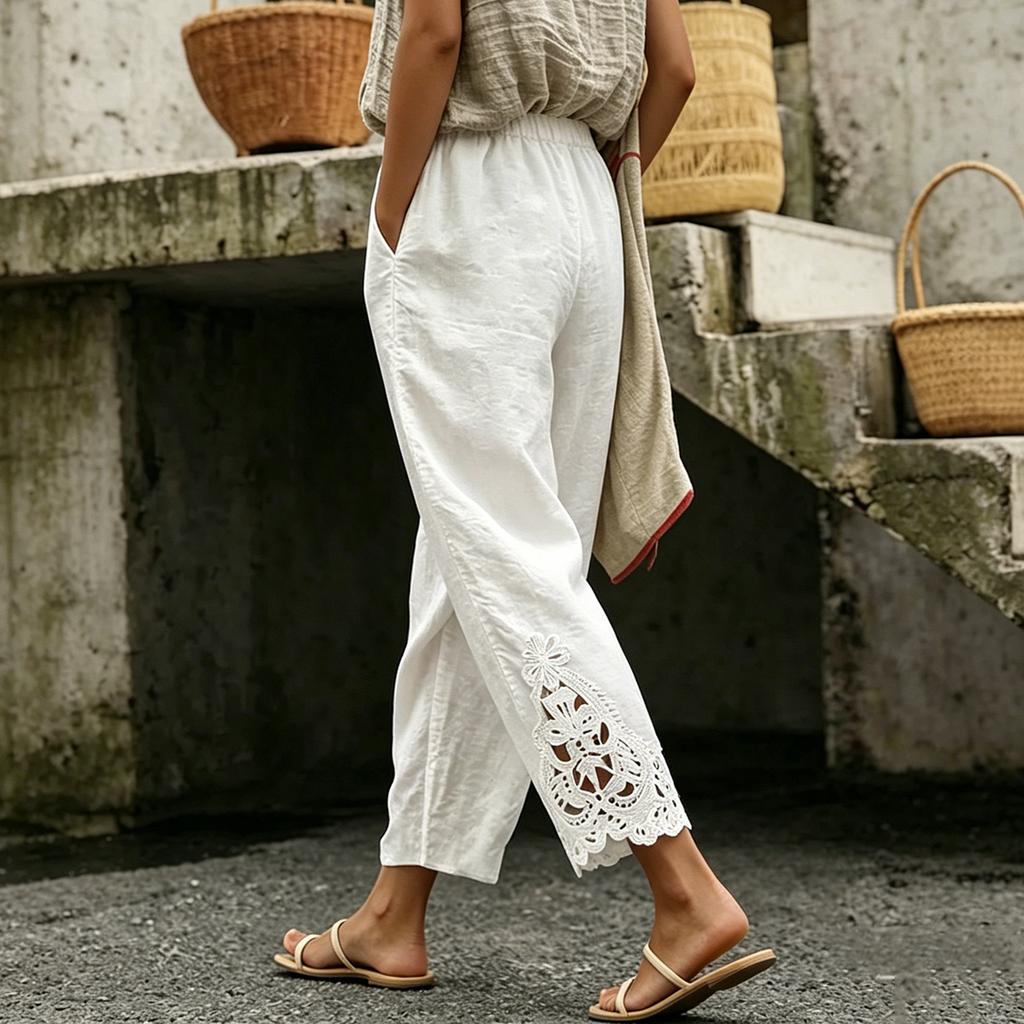 Women's Casual Straight Leg Pants with Elastic Waist and Lace Trim - Color Loose Fit