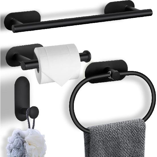 4-Pieces Bathroom Hardware Set, Adhesive Matte Black Bathroom Accessories Including 16in Bath Towel Bar, Toilet Paper Holder, Towel Ring, Hooks,