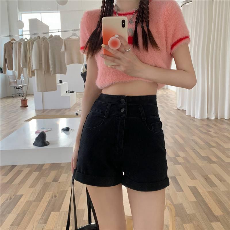 

2022 Summer Women s Black High-Waisted Rolled-Edge Denim Shorts - Trendy Petite Loose Wide-Leg Hot Pants Medium чорний