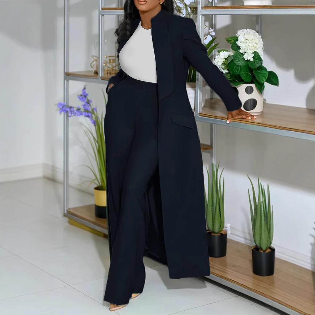 Long Coat and Wide Leg Pants 2 Piece Set In Multiple Colors