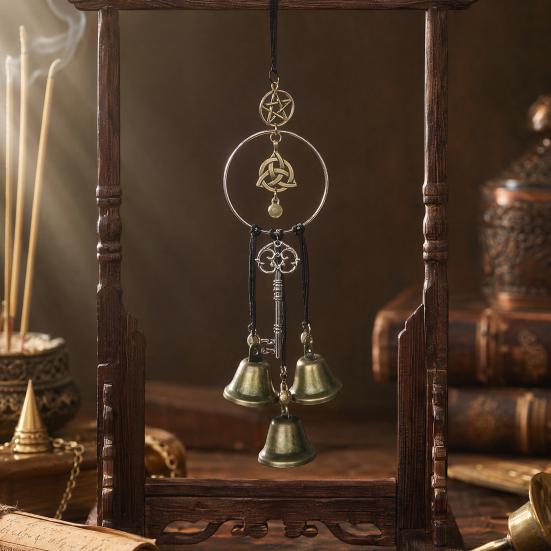 Garden Fence Bell Ornament Witchy Door Handle Hanging Ornament, Handmade Vintage Metal Wind Chime with Negative Energy Cleansing Hemp Rope, Decorative