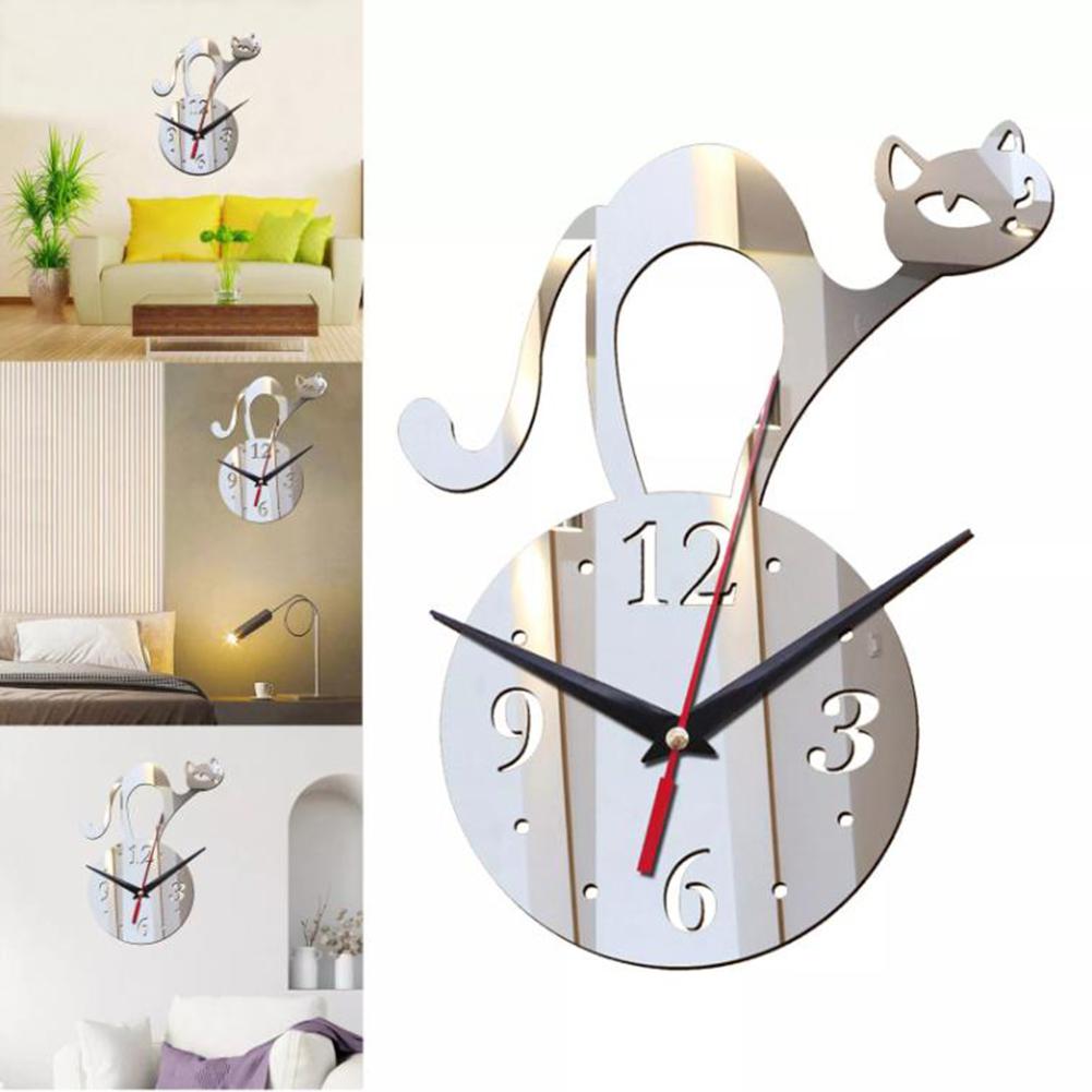 Creative Cat Wall Clocks Mirror Frameless Battery Operated Wall mounted Clocks For Home Living Room Decor