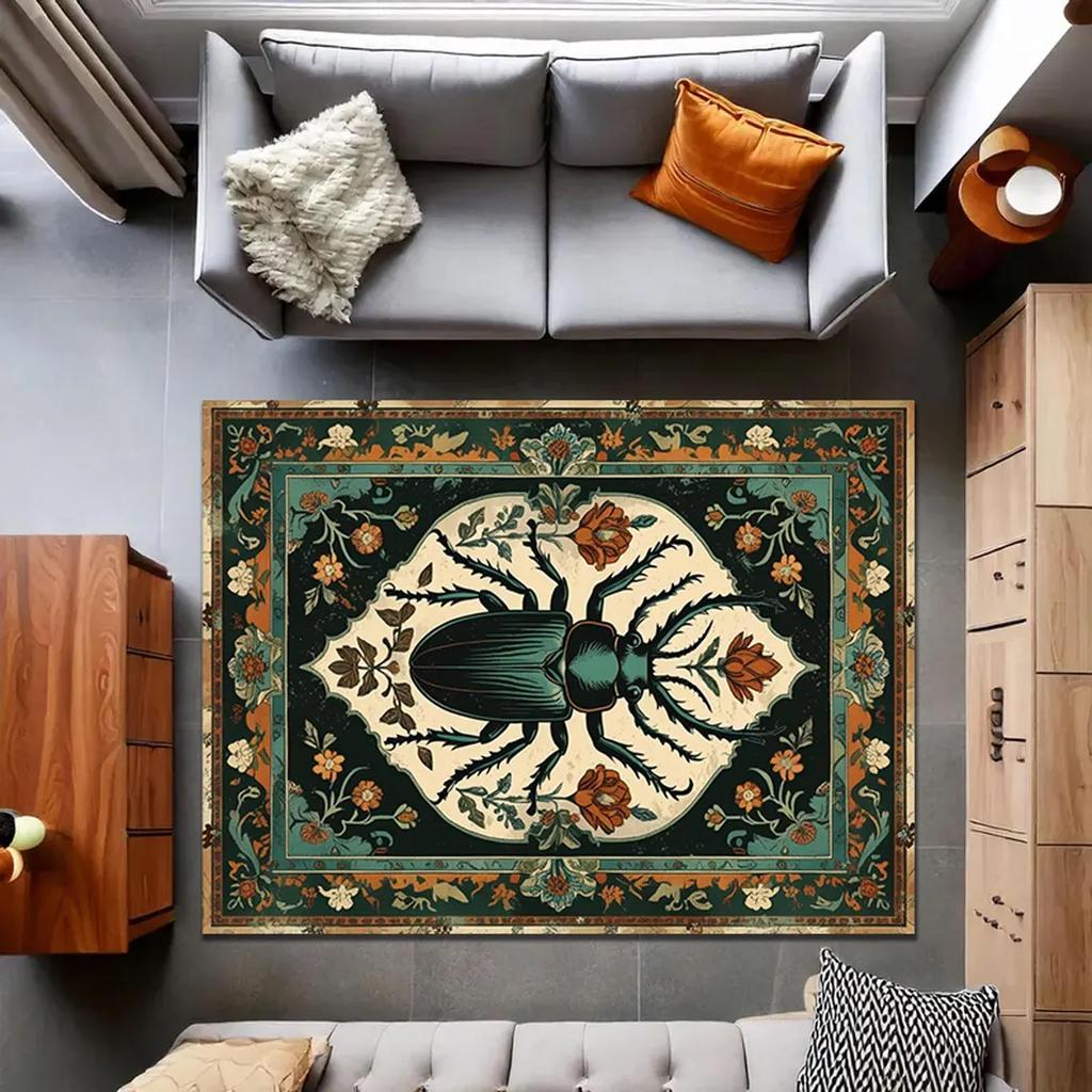 Vintage Stag Beetle Rug, Gothic Insect Carpet with Botanical Carpet, Boho Persian Style Bug , Mothcore Home Decor Mat Insect Rug