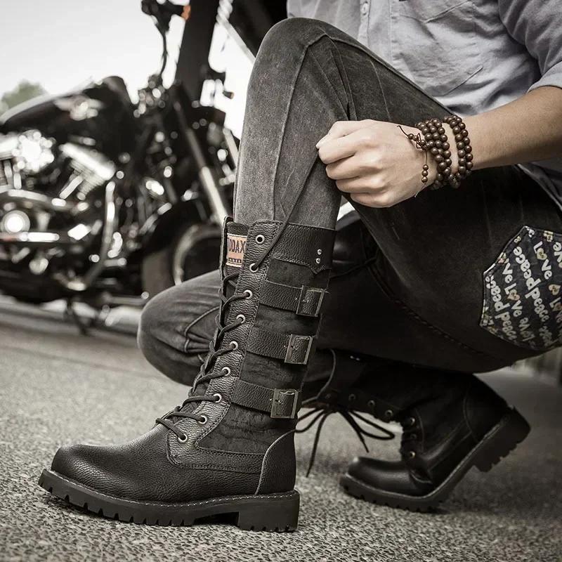 Luxury Mid-Carf Men Boots Lleather Motorcycle Boots Fashion Lace Up Men's Boots British Male Cycling Boot Quality Botas Hombre