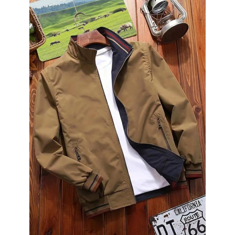Men's Reversible Stand Collar Jacket - Sporty Casual Zip-Up Coat , Regular Fit for Spring/Fall Outdoor & Leisure Wear, Pockets Versatile Outerwear