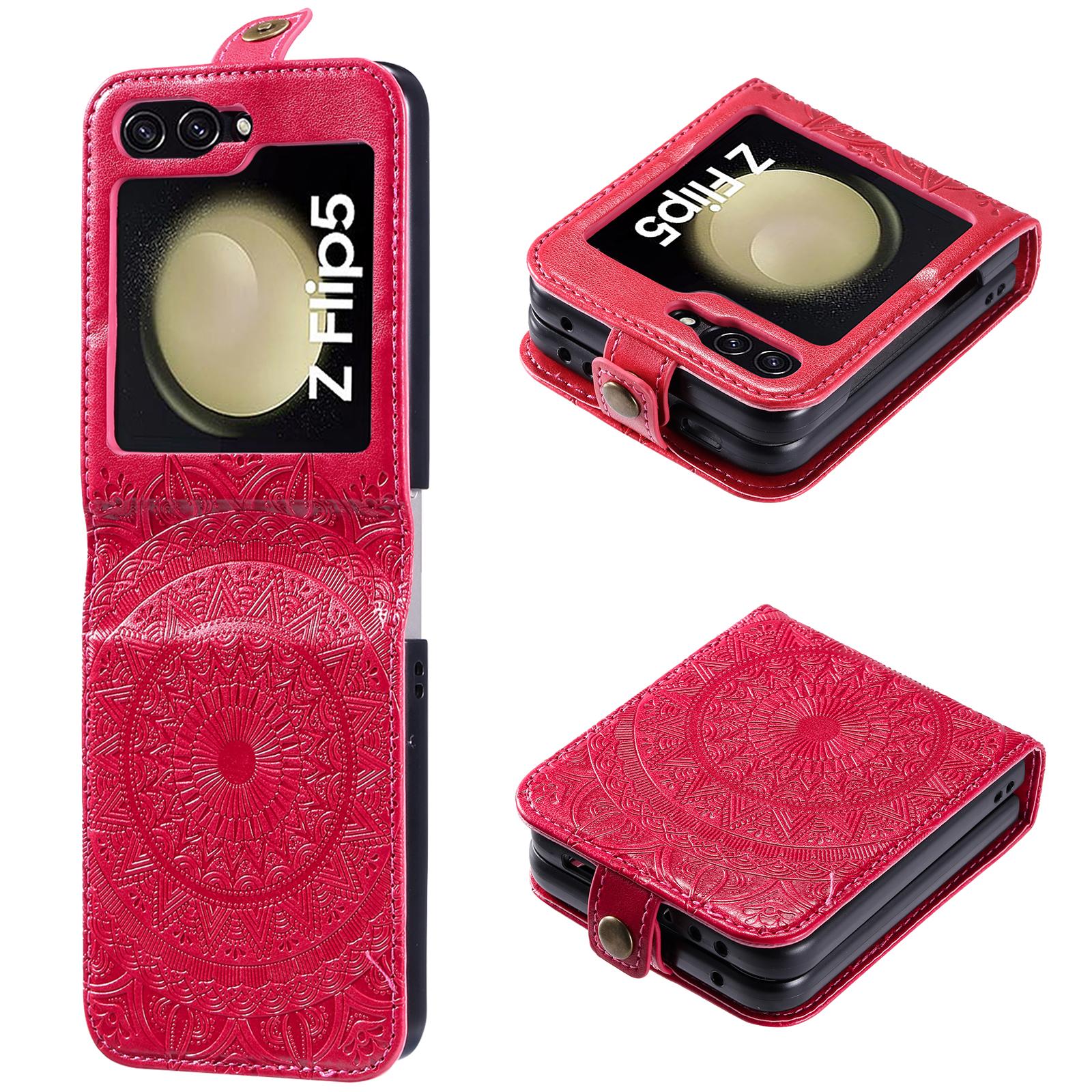

For Samsung Galaxy Z Flip5 5G Card Holder PU Leather Case Mandala Flower Imprinted Folding Cover Red