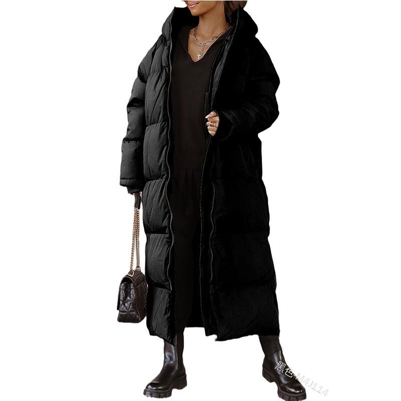 Womens Long Hooded Cotton Coat Winter Loose Fit Zipper Front Warm Outerwear In Solid Colors