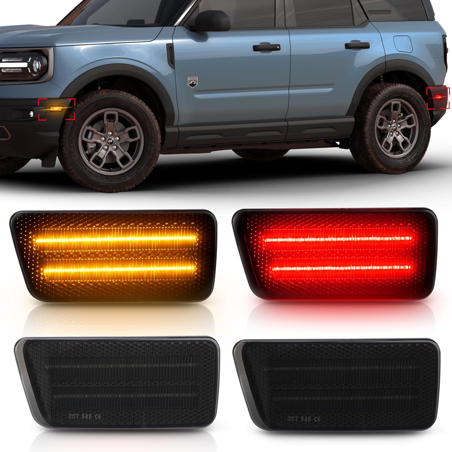 

Bestview Side Marker Light Assembly Compatible with 2021-2024 Ford Bronco Sport, Amber Front & Red Rear Bumper Lamps, Smoked Lens 4PCS Amber - Smoke Lens