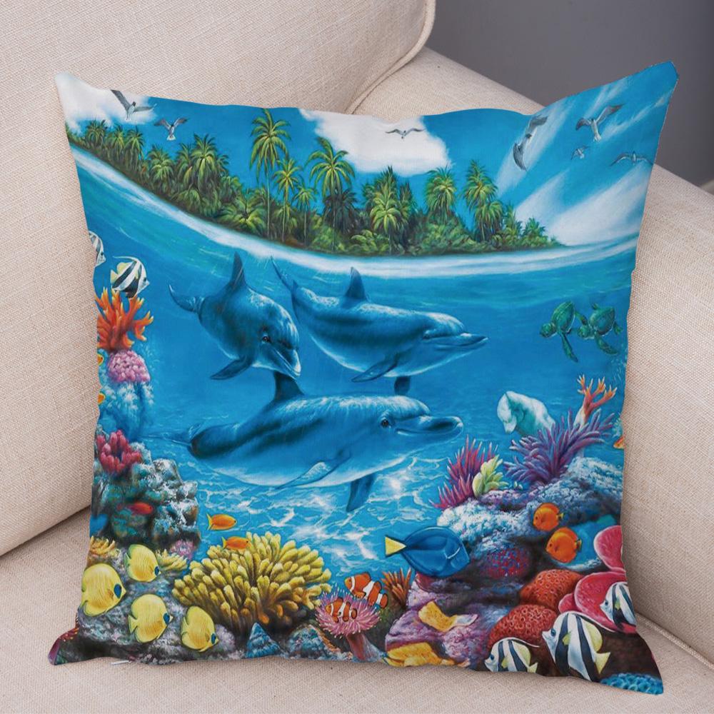 Marine Turtle Dolphins Shark Cushion Cover Short Plush Decor Colorful Ocean Animal Pillowcase Pillow Case for Sofa Home Car
