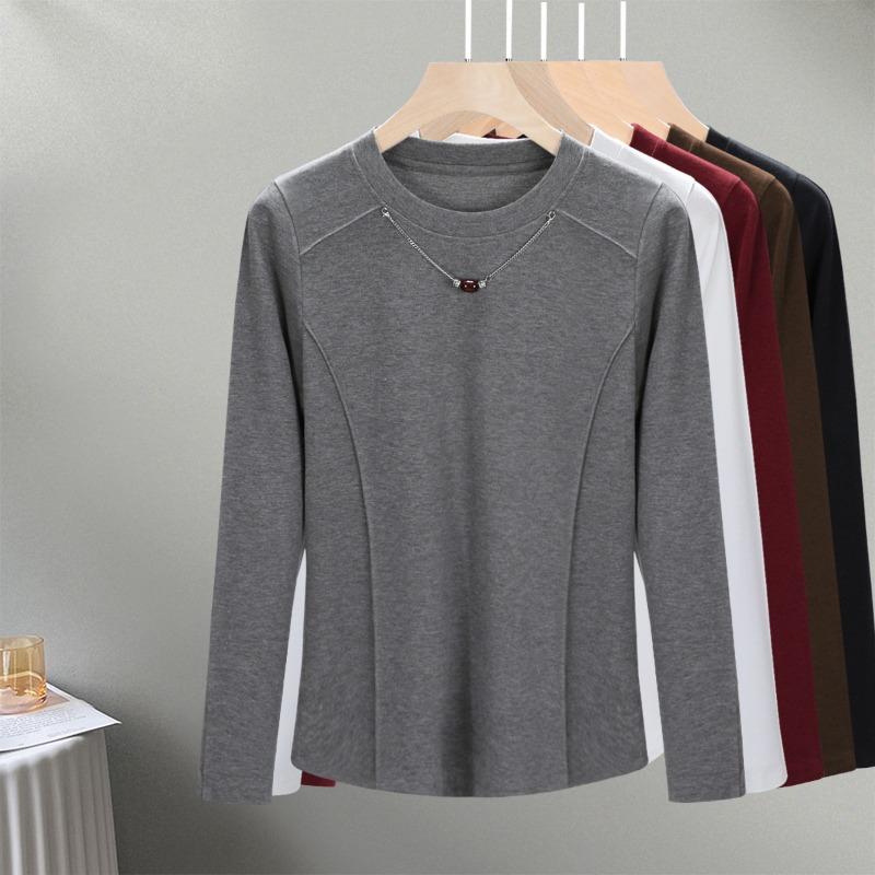 Knitted Shoulder Long-sleeved Bottoming Shirt Women's Autumn New Slim-fit Pullover, Round Neck Outer Wear