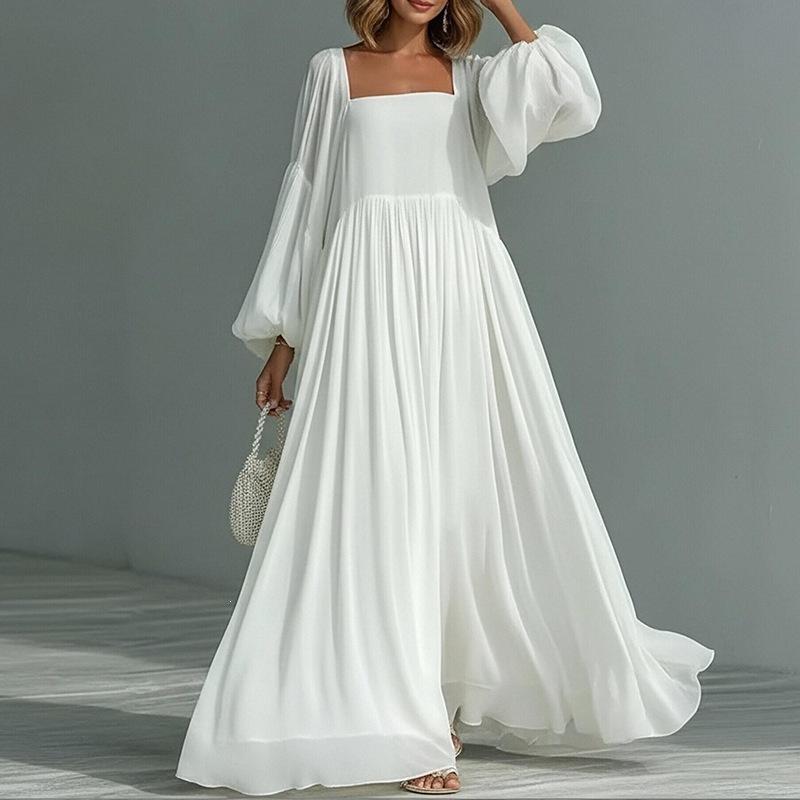 Women's Clothing, New Spring Models In Europe and America, Square Neck Lantern Sleeves, Casual Style Swinging Long Dress, Dress.