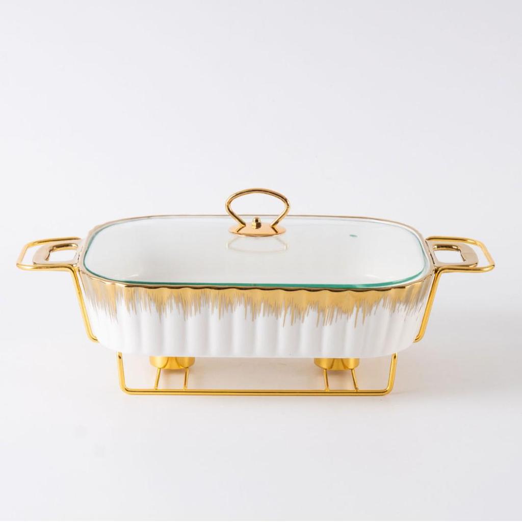 Rectangular Golden Ceramic Baking Casserole Pot with Stand
