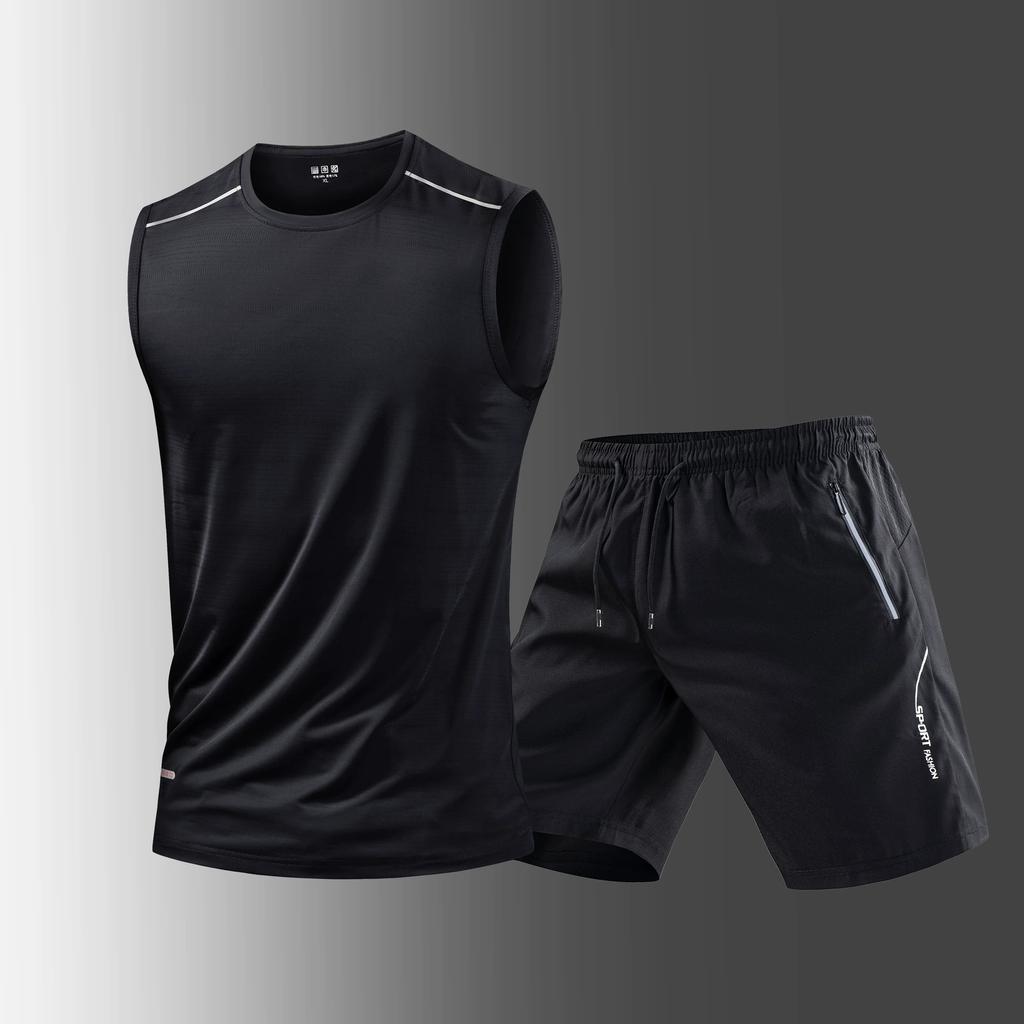 Dingmao Ice Silk Quick Drying Set Men's Summer Thin Breathable Elastic Cool T-shirt Shorts Casual Sportswear Two-piece Set