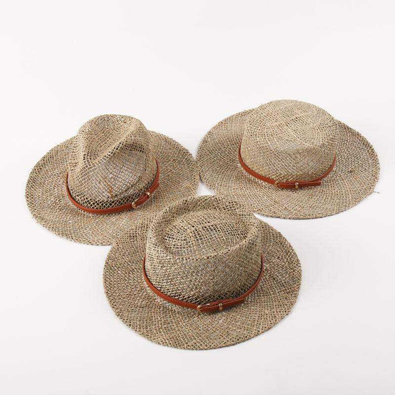 Cappello da Sole Estivo in Erba Marina Intrecciata, Punta con Cinturino in Pelle, Moda Europea Americana Nuova Esportazione