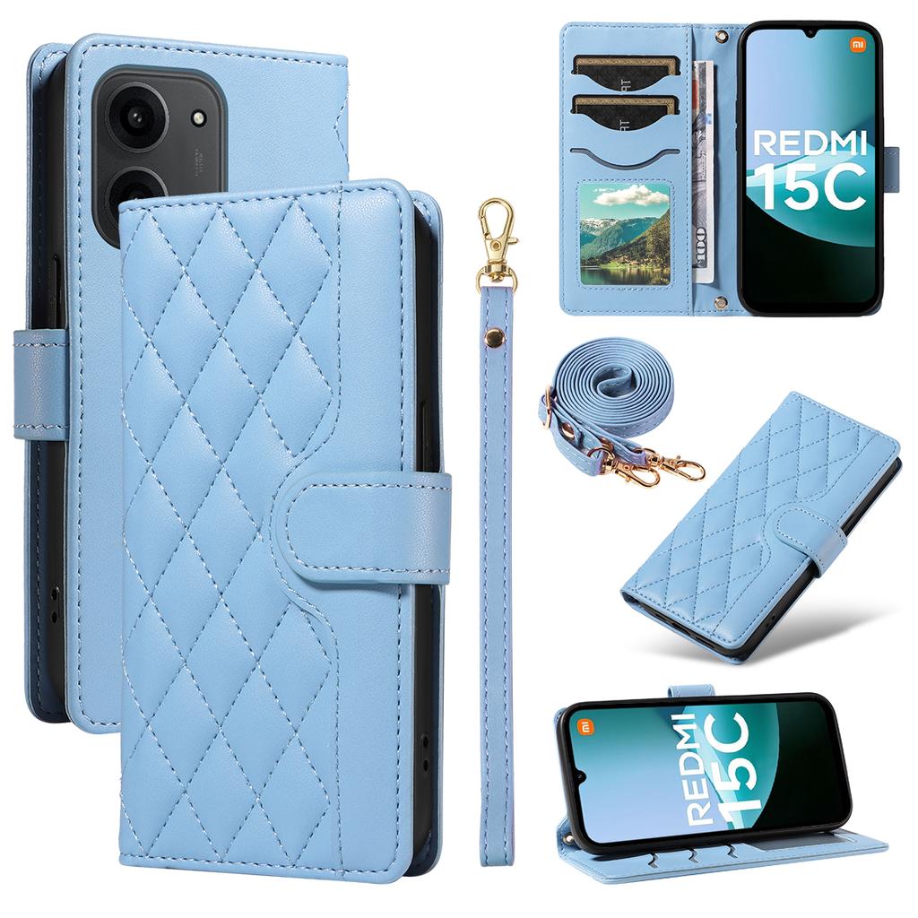 For Xiaomi Redmi 15C 4G (173mm) Wallet Case Rhombus Leather Phone Cover with Strap