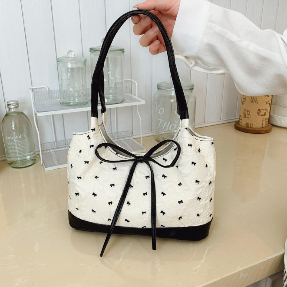 Sweet Bow Handbag Contrast Color Simple Versatile Shoulder Bag Korean Style Luxury Design Women Underarm Bag Commuting Tote Bag