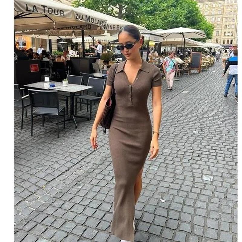 

Модное элегантное женское офисное платье макси с коротким рукавом, летнее платье с отложным воротником, пуговицами и боковыми разрезами, облегающее уличное платье 2736 One Size
