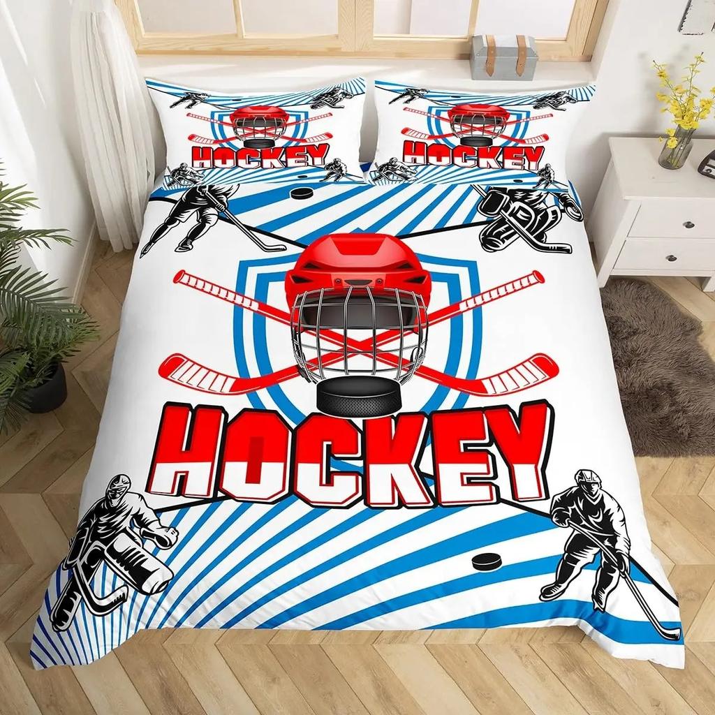 Eishockey Bettbezug Helm Schlittschuhe Bettdeckenbezug Winter Eis Sport Spiele Bettwäsche-Set für Jungen Puck Hockeyspieler Steppdeckenbezug