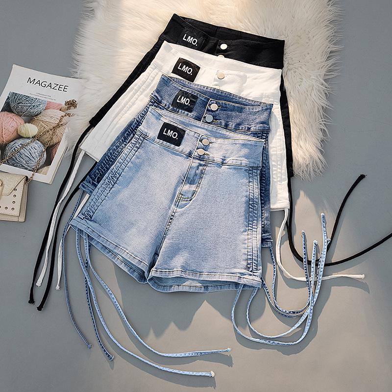Dámské letní džínové šortky s vysokým pasem a šněrováním - Slim Fit, Obepínající hýždě, Trendy, Elastické Super Krátké Hot Pants
