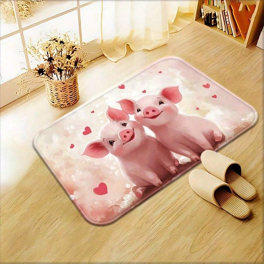 Cute Pig Door Mat - Adorable Cartoon Pigs with Hearts, Soft Non-Slip Entrance Rug, Sweet Home Decor, Multiple Sizes